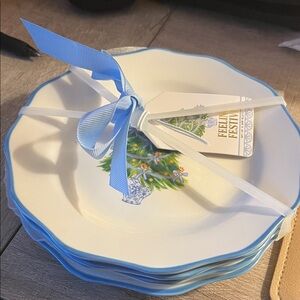 Festive Blue and White Plates with Christmas Tree Design